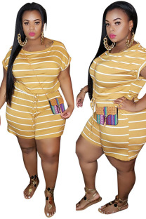 Yellow Sexy Print Striped Short Sleeve Boat Neck Rompers