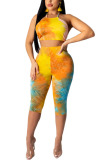 Yellow Polyester Fashion Sexy adult Ma'am Print backless Tie Dye Two Piece Suits pencil Sleeveless Two Pieces