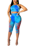 Blue Polyester Fashion Sexy adult Ma'am Print backless Tie Dye Two Piece Suits pencil Sleeveless Two Pieces