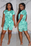 Green Casual Print Straight Short Sleeve Two Pieces