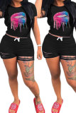 Black venetian Fashion Active Casual Patchwork Lips Print pencil Short Sleeve Two Pieces