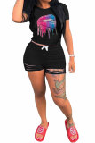 Black venetian Fashion Active Casual Patchwork Lips Print pencil Short Sleeve Two Pieces