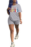 Grey Lightly cooked Print pencil Short Sleeve Two Pieces