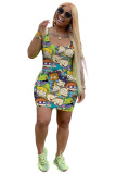Yellow Fashion Casual adult White Green Yellow Cyan Multi-color Light Purple multicolor Tank Sleeveless Square Step Skirt Mini Print Patchwork Dresses