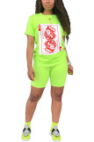 Fluorescent green Cotton Fashion adult Ma'am Street Print Two Piece Suits Straight Short Sleeve Two Pieces