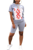 Grey Cotton Fashion adult Ma'am Street Print Two Piece Suits Straight Short Sleeve Two Pieces