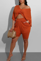 Orange Polyester Fashion Sexy adult Patchwork Solid Draped bow-knot pencil Half Sleeve Two Pieces