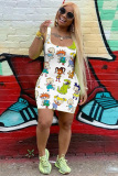 multicolor Fashion Casual adult White Green Yellow Cyan Multi-color Light Purple multicolor Tank Sleeveless Square Step Skirt Mini Print Patchwork Dresses