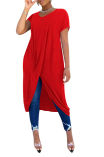 Red Fashion Casual Red Black Blue Yellow fuchsia Sleeve Short Sleeves O neck Asymmetrical Mid-Calf Solid Dresses