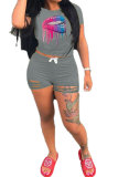Grey venetian Fashion Active Casual Patchwork Lips Print pencil Short Sleeve Two Pieces