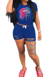Blue venetian Fashion Active Casual Patchwork Lips Print pencil Short Sleeve Two Pieces