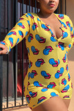 Yellow Fashion Sexy O Neck Print Button Plus Size