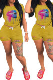 Yellow venetian Fashion Active Casual Patchwork Lips Print pencil Short Sleeve Two Pieces
