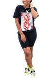 Black Cotton Fashion adult Ma'am Street Print Two Piece Suits Straight Short Sleeve Two Pieces