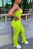 Fluorescent green Fashion street Patchwork Solid Draped Polyester Sleeveless O Neck Jumpsuits