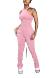 Pink Fashion street Patchwork Solid Draped Polyester Sleeveless O Neck Jumpsuits