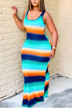 Multi-color Fashion adult Street Blue Orange Multi-color Tank Sleeveless O neck Step Skirt Floor-Length Striped Print Patchwork Dresses