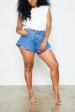 Light Blue Black Blue Light Blue Denim Zipper Fly Mid Solid Boot Cut shorts Bottoms