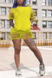 Yellow Fashion Sexy adult Patchwork Solid Hole Burn-out Two Piece Suits HOLLOWED OUT pencil Short Sleeve Two Pieces