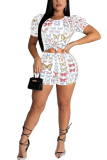 White Fashion adult OL Patchwork Print contrast color Two Piece Suits pencil Short Sleeve Two Pieces