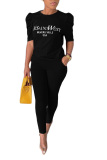 Black Polyester Fashion Casual Print pencil Half Sleeve Two Pieces