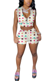 White Fashion Casual adult Patchwork Print Zippered Two Piece Suits Straight Sleeveless Two Pieces