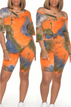 Orange Modal Fashion Casual adult Ma'am Tie Dye Two Piece Suits pencil Short Sleeve Two Pieces