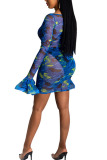 Blue Fashion Sexy adult Ma'am Blue Orange Bell sleeve Long Sleeves O neck A-Line Knee-Length Print Mesh asymmetrical Dresses