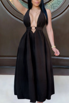 Black Sexy Black Spaghetti Strap Sleeveless V Neck Swagger Floor-Length Solid Dresses