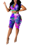 Purple and green Fashion Sexy adult Patchwork Print Tie Dye contrast color Two Piece Suits pencil Short Sleeve Two Pieces
