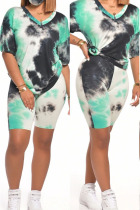 Green Modal Fashion Casual adult Ma'am Tie Dye Two Piece Suits pencil Short Sleeve Two Pieces