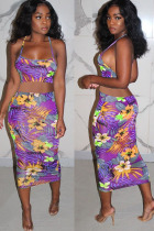 purple Polyester Fashion adult Ma'am Lightly cooked Floral Print Two Piece Suits pencil Sleeveless Two Pieces