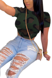 Camouflage Multi-color Camouflage Polyester O Neck Short Sleeve Patchwork Print Slim fit backless Camouflage Tie Dye Bandage crop top Tops
