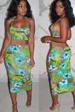 Blue Fashion adult Ma'am Lightly cooked Floral Print Two Piece Suits pencil Sleeveless Two Pieces