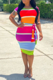 Multi-color Fashion adult OL Multi-color Cap Sleeve Short Sleeves O neck Step Skirt Knee-Length Striped Print Patchwork bandage backless hollow out Dresses