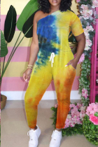 Yellow Fashion street Print Patchwork bandage Tie-dyed Short Sleeve one shoulder collar Jumpsuits