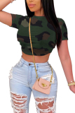 Multi-color Camouflage Polyester O Neck Short Sleeve Patchwork Print Slim fit backless Camouflage Tie Dye Bandage crop top Tops