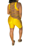 Yellow Fashion Sexy Print Patchwork letter bandage Backless Hollow Sleeveless Slip Rompers