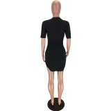 Black Fashion Casual Black Grey Sleeve O neck Slim Dress skirt Print Dresses