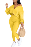 Yellow Fashion Patchwork Solid Asymmetrical V Neck Long Sleeve Two Pieces