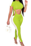 Fluorescent green Fashion Casual adult Ma'am Patchwork Solid Two Piece Suits pencil Short Sleeve Two Pieces