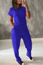 Royal blue Polyester Fashion Casual adult Ma'am Patchwork Solid Two Piece Suits Straight Short Sleeve Two Pieces