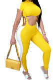 Yellow Fashion Casual adult Ma'am Patchwork Solid Two Piece Suits pencil Short Sleeve Two Pieces