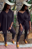 Black Polyester OL Solid Short Sleeve Two Pieces