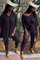 Black Polyester OL Solid Short Sleeve Two Pieces