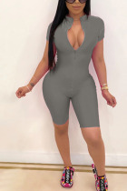 Grey Fashion Casual Solid zipper Short Sleeve O Neck Rompers