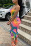 multicolor Casual multicolor Sleeveless Wrapped chest Step Skirt Mid-Calf Tie and dye Dresses