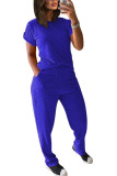 Royal blue Fashion Casual adult Ma'am Patchwork Solid Two Piece Suits Straight Short Sleeve Two Pieces