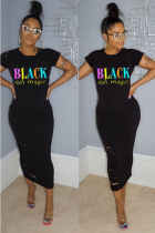 Black OL Black Grey Short Sleeves O neck A-Line Ankle-Length Print hole Dresses