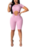 Pink Fashion Sexy Patchwork bandage Hollow Solid Short Sleeve O Neck Rompers